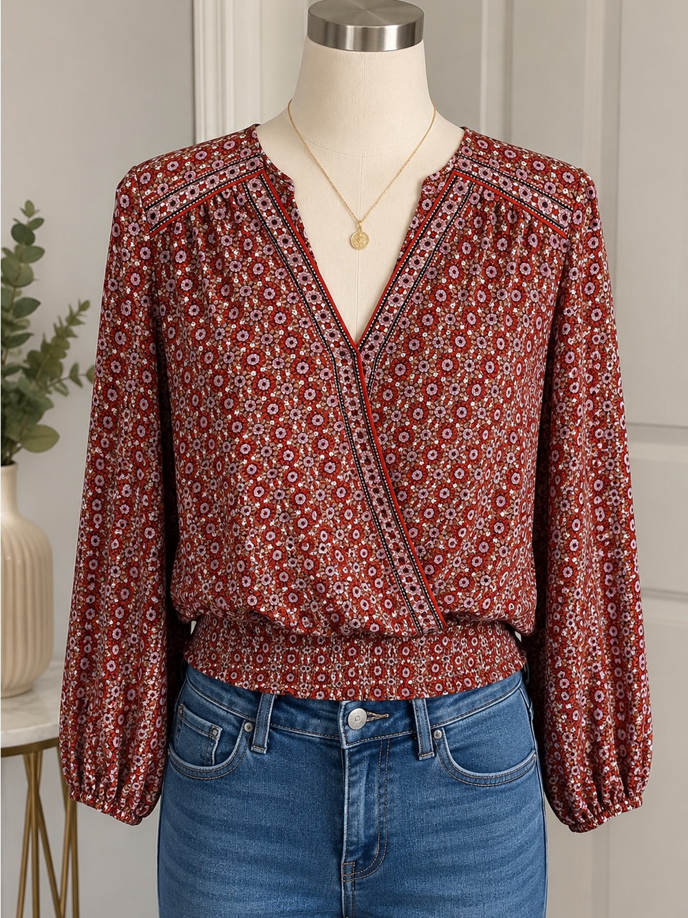 Max Studio Rust Red Floral Split-Neck Blouse